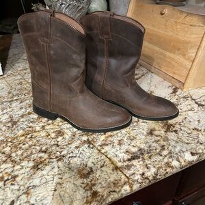 Justin Roper Big Boy Boots Brown Leather Western Heel with Black Sole Size 8.5D